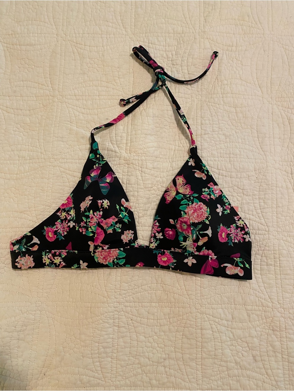 Victoria's Secret Black Floral Bikini Top with Pink & Green Accents